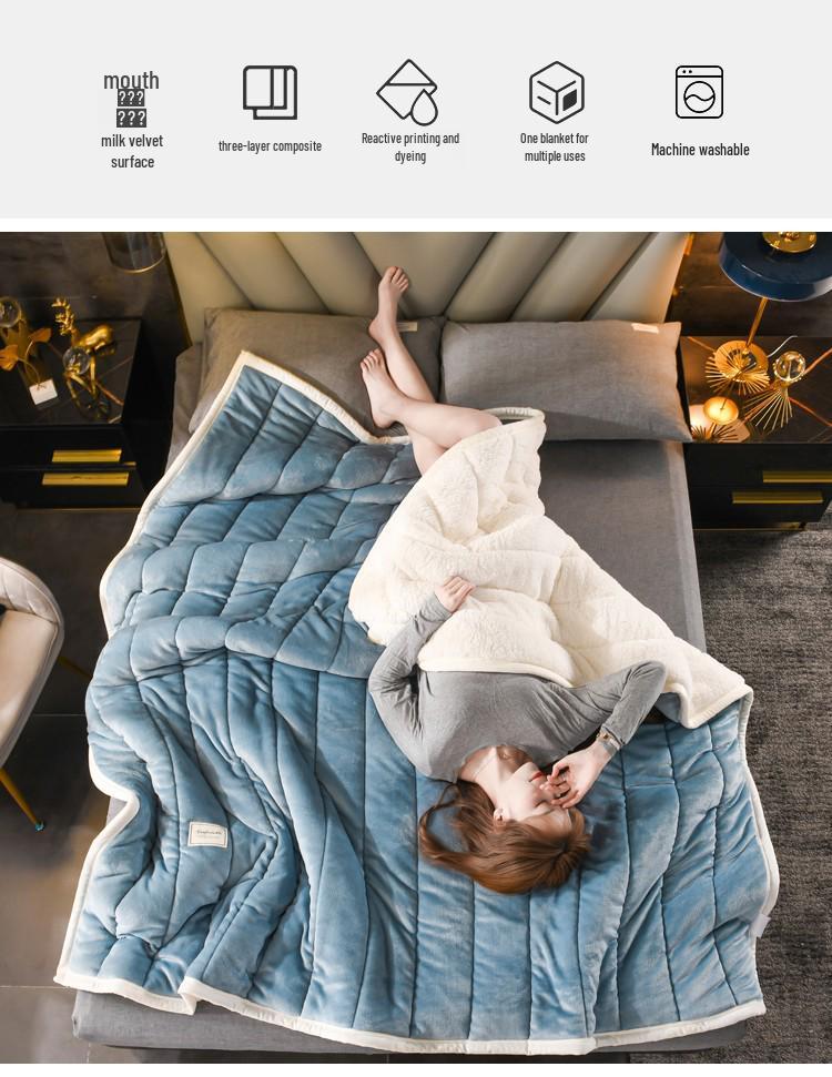 Thick Three-Layer Quilted Milk Velvet Lambswool Flannel Blanket for Autumn and Winter Warmth