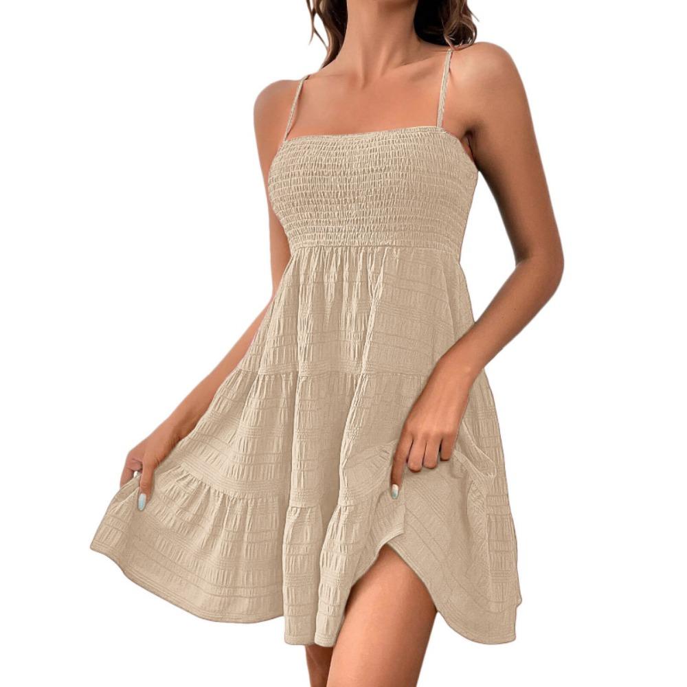 

GMXIA Женские летние одно плечо бретельки-спагетти однотонные текстурированные платья с баской XXL бежевый