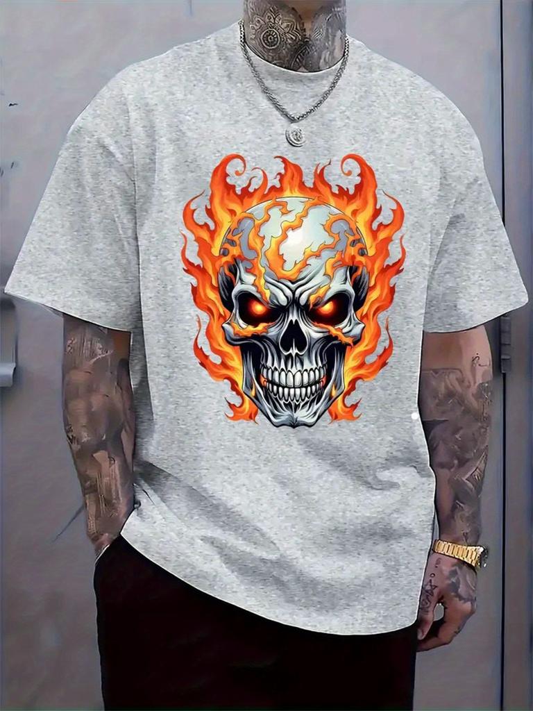 Summer Highquality Mens Tshirt 100 Pure Cotton with Flame Skull Pattern Fashionable Hiphop Gothic Street Mens Clothing