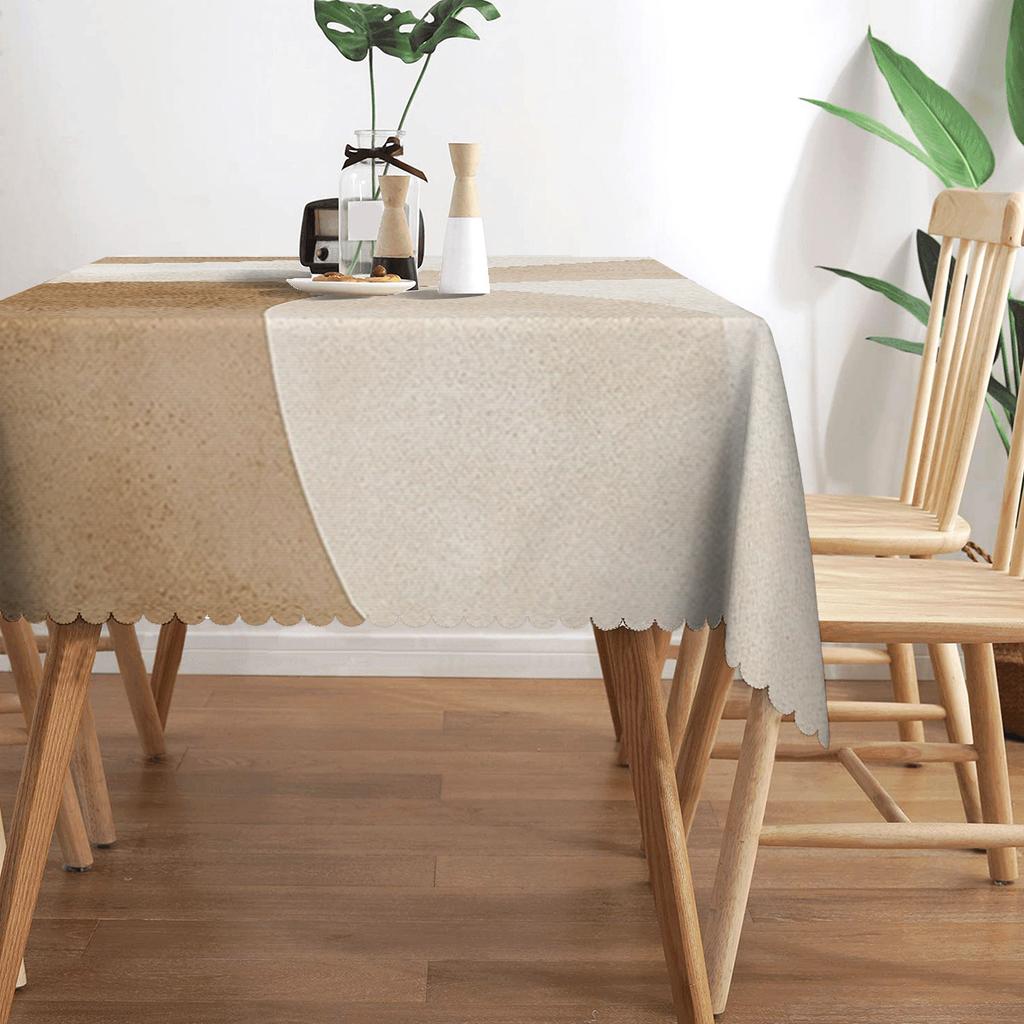 Minimalist Beige Geometric Tablecloth, Abstract Color Block Print with Scalloped Edge, Stain Resistant for Dining Room & Neutral