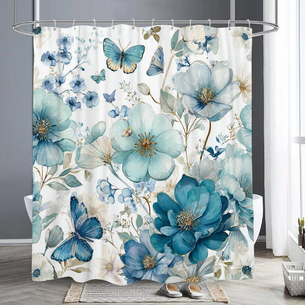 Blue Floral Shower Curtain, Bathroom Decorative Shower Curtain, Printed Polyester Fabric Shower Curtain with Hooks