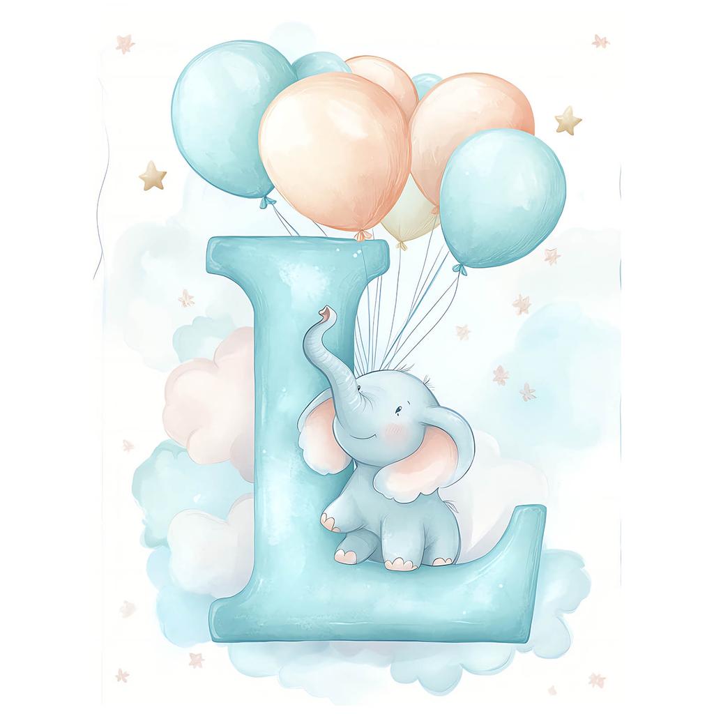 Poster Letter "I" With Balloons And Elephant Poster Letter "I" With Balloons And Elephant, 30X40 Cm, Frame Wooden Light Oak, Paper Matte 230 Gsm