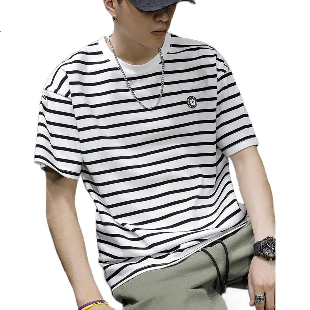 TonLion 2025 Summer Men's Left Chest Small Logo Striped Short-Sleeve T-Shirt, S, Black