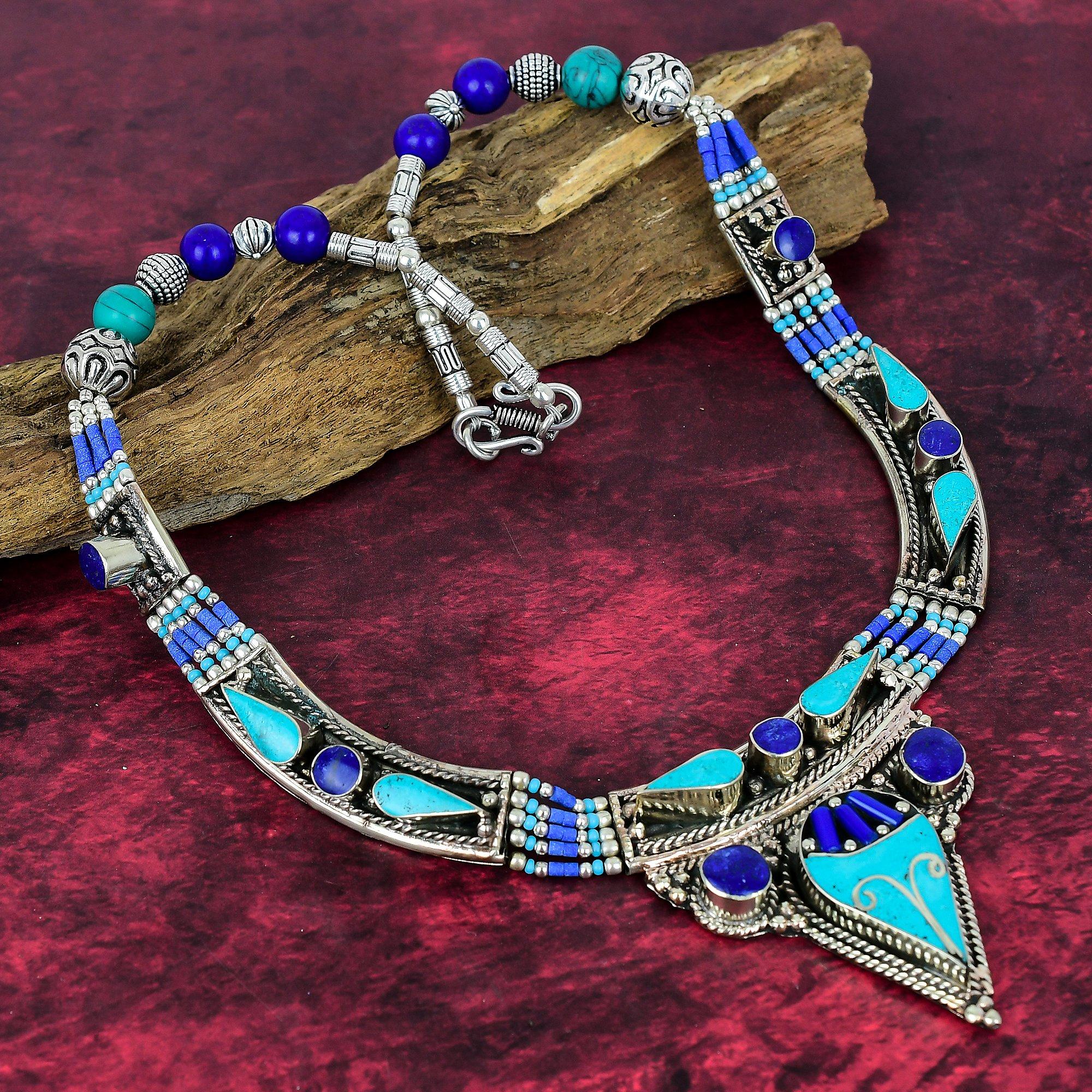 

Непальское колье из голубой бирюзы и лазурита, украшения ручной работы, колье из стерлингового серебра 925 пробы, дизайнерские украшения с драгоценными камнями, колье с регулируемой цепочкой