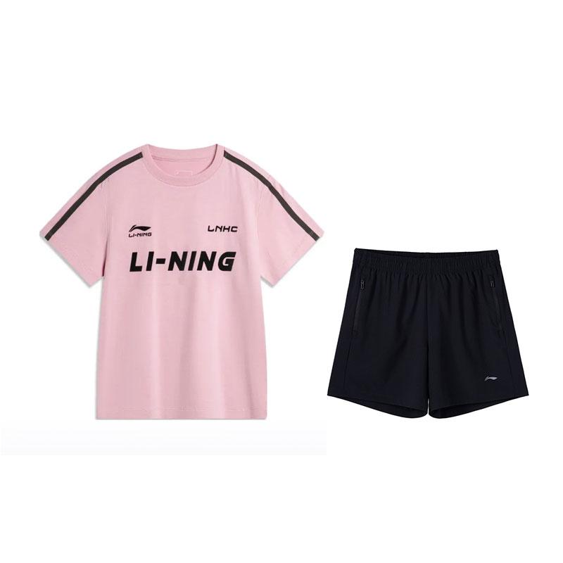 

Li-Ning Versatile Short Sleeve Simple Comfortable Shorts Casual Sports Suit Women suit Sheer-Pink Black U712-6+W518-1 S