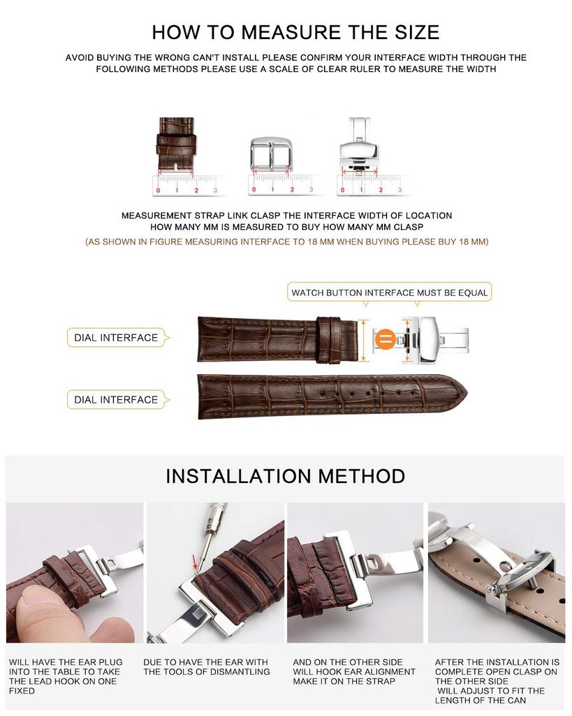 BINLUN Push-Down Type D-Buckle Stainless Steel Watch Buckle Leather Watch Band Replacement Clasp for