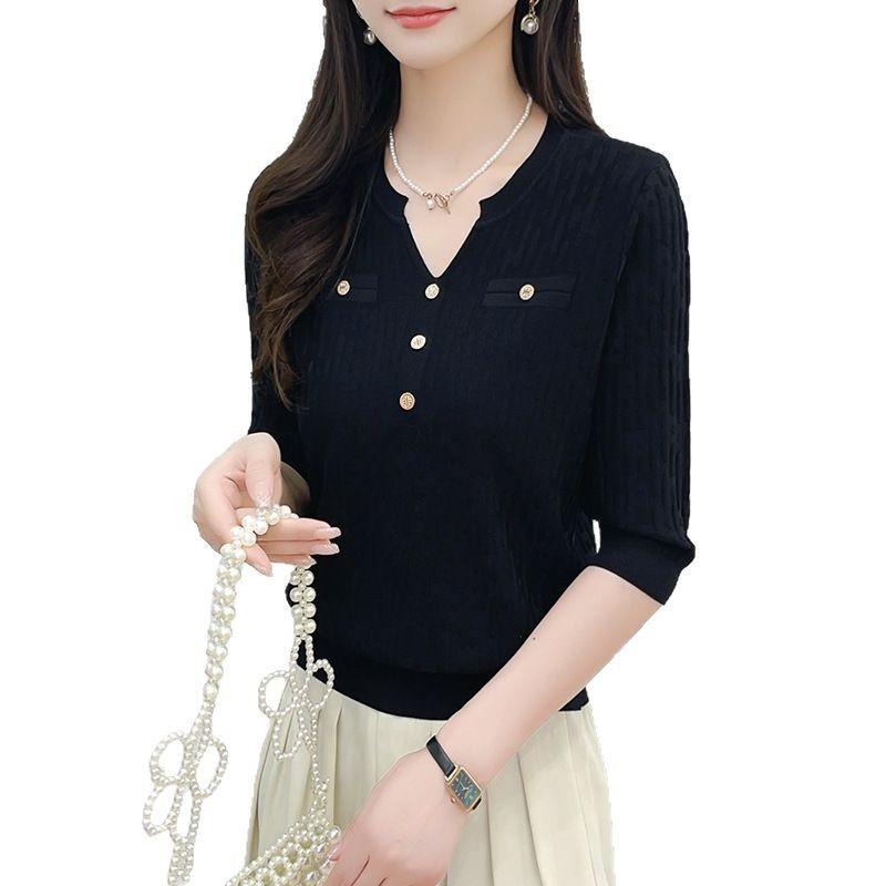 Early Spring Medium-sleeved Top, Women's Five-quarter-sleeved Spring and Summer Wear, Ice Silk Knitted Sweater, Early Spring Bottoming Shirt