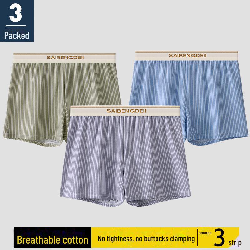 "Men's Loose-Fit Striped Cotton Boxer Shorts - Breathable, Large Size"