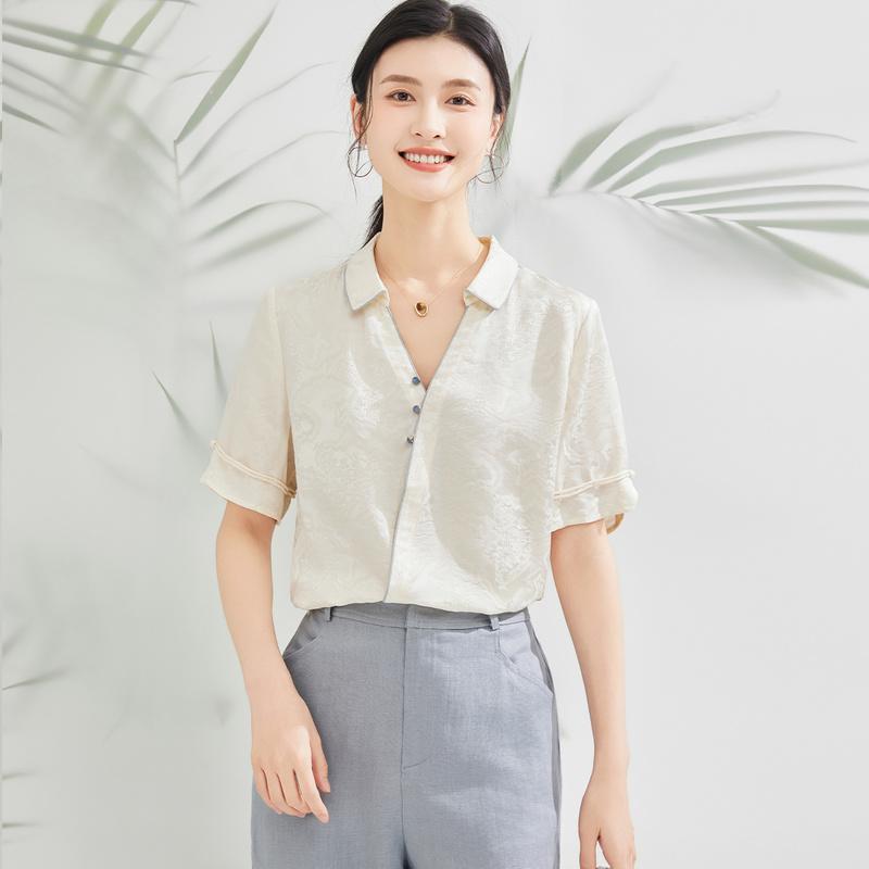 24 MM Jacquard New Chinese Style Top, Spring/Summer Versatile Short Sleeve, Mulberry Silk, Chinese Style Elegant Women's T-shirt