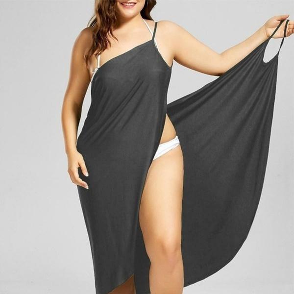 Abito da donna moda senza maniche in cotone tinta unita casual da spiaggia, copricostume, taglie forti