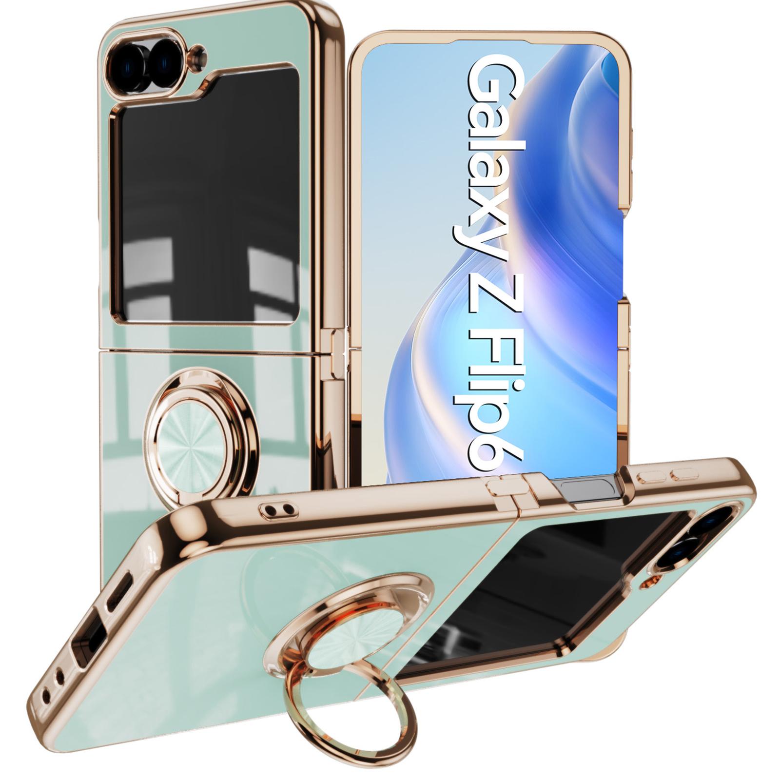 

For Samsung Galaxy Z Flip6 5G Case Precise Cutouts 6D Electroplating TPU Phone Cover with Ring Holder Light Cyan
