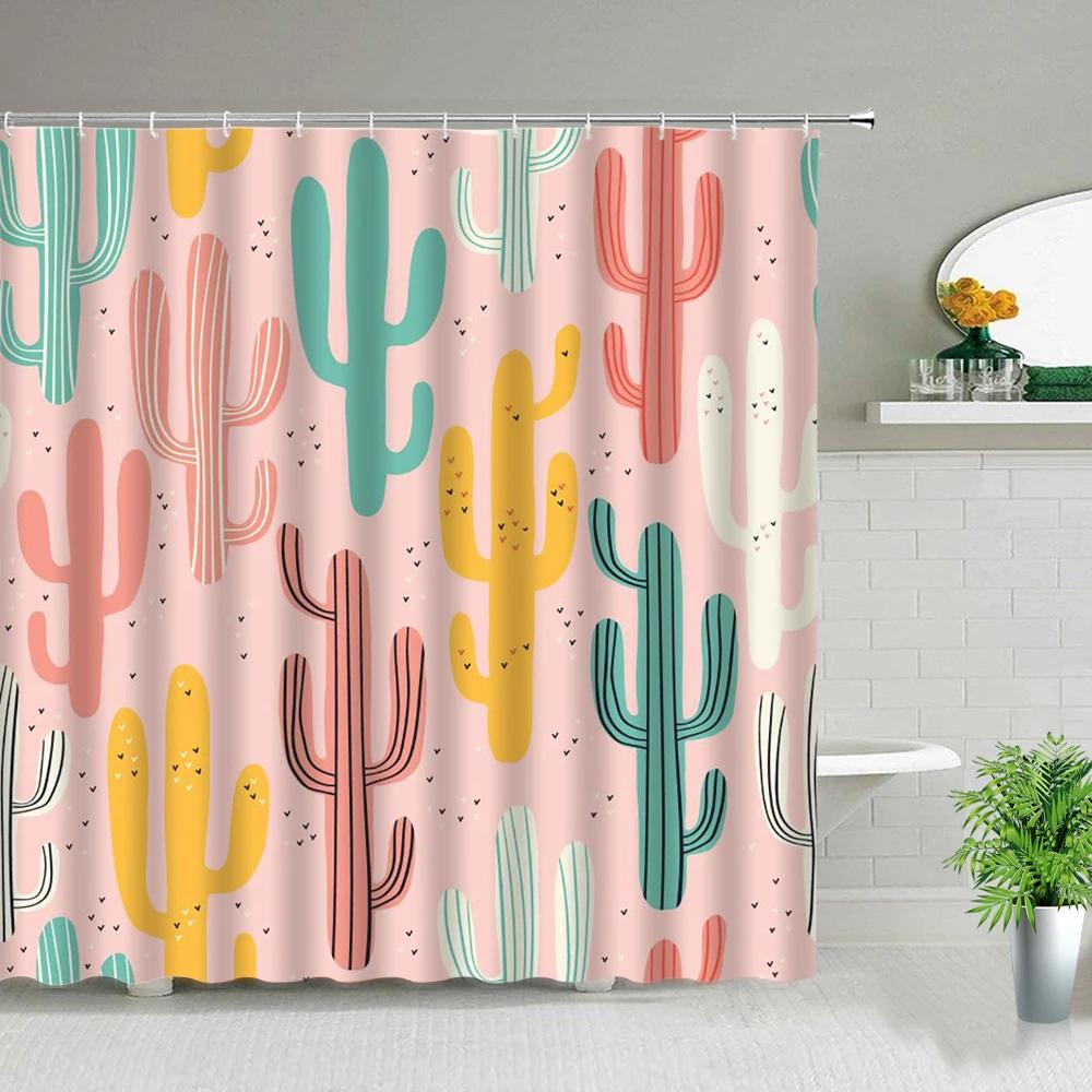 Hower Curtains of Textile Water Color Cactus Flower Tropical Plants Colorful Succulents Pattern Bathroom Shower Curtain Set