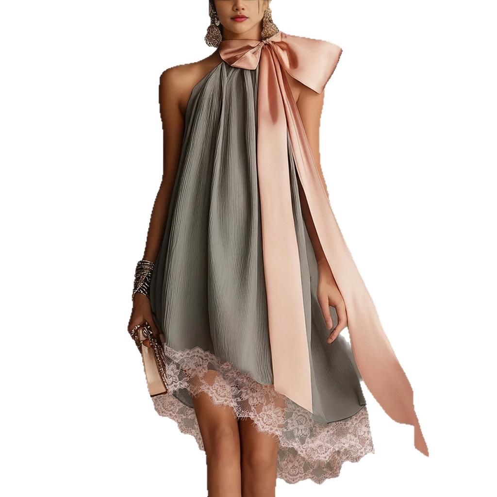  New European and American Style Neck Printing Waist Thin Holiday Dress Women's Fashion Temperament Dress