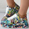 Sportschuhe für Damen mit Graffiti-Aufdruck, modische Schnürschuhe, niedriger Schnitt, dicke Sohle, lässige Skateboardschuhe
