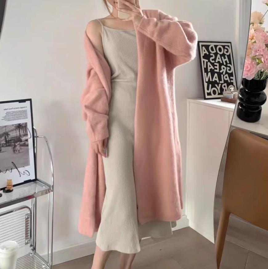 YUNSHU Korean Style Loose Knit Cardigan - Women's Medium To Long Lazy Fit Sweater for Spring and Autumn