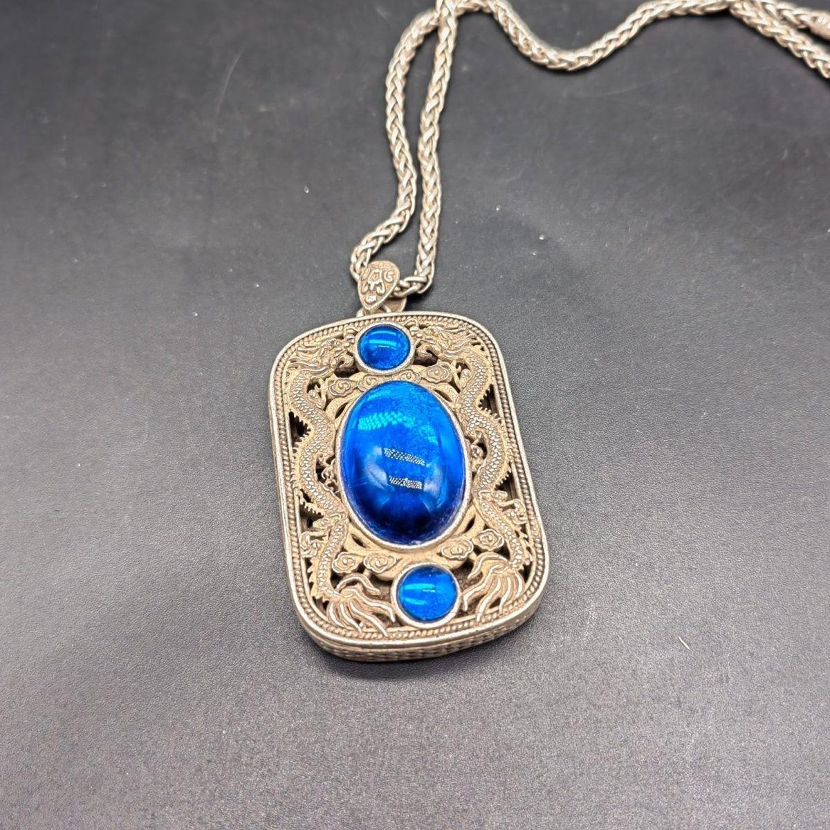 

Старинный китайский тибетский серебряный кулон с инкрустацией синим драгоценным камнем, ручная работа, Цяньлун CHINA
