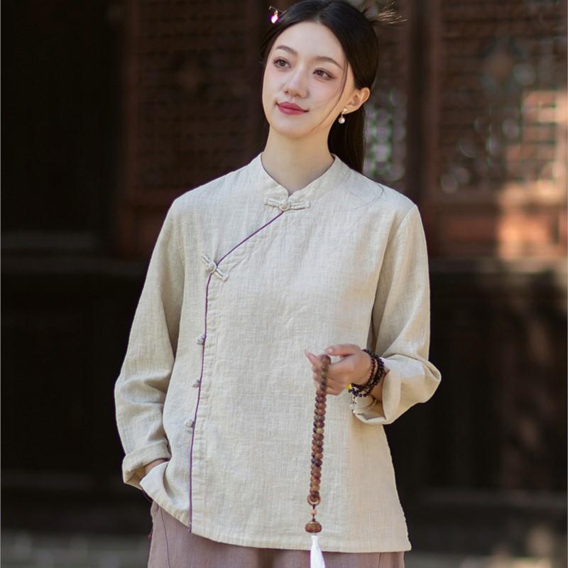 Johnature Women Vintage Shirts Tops Spring Chinese Style Solid Color Stand Button Long Sleeve Shirts
