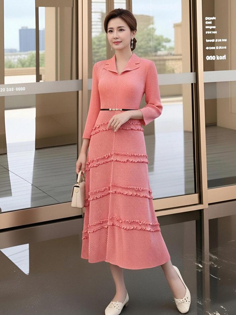 Elegant Spring High-End Miyake Pleated Green Long Dress - Waist-Cinched for Graceful Women