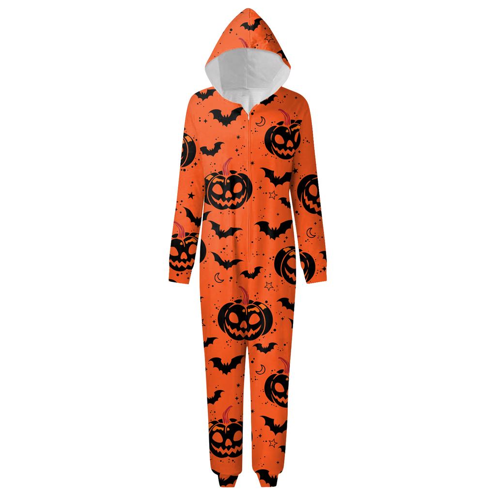 Halloween Printed Family Matching Hooded Long Sleeved Zippered Hooded Jumpsuit Set