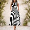 Women Plus Size Round Neck Sleeveless Black White Striped Printed A Line Long Dress With Pockets