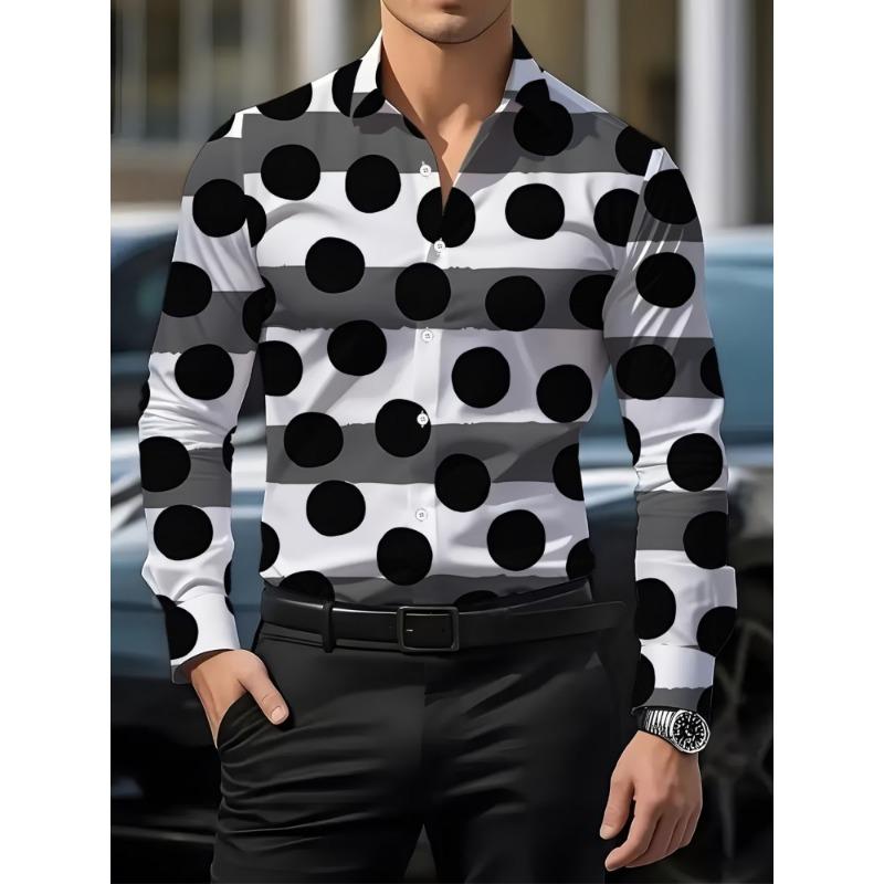 Men's Polka Dot Collar Long Sleeved Shirt Casual Shirt European and American Trend Daily Commuting Formal Top