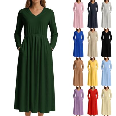 Dress For Women Long Boho Beach Dress Elegant Maxi Dress V-Neck Long Sleeve Dress With Pockets