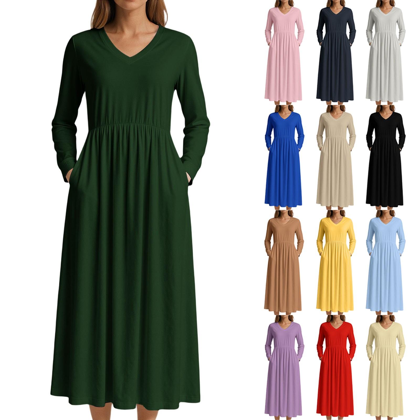 

Dress For Women Long Boho Beach Dress Elegant Maxi Dress V-Neck Long Sleeve Dress With Pockets XL червоний