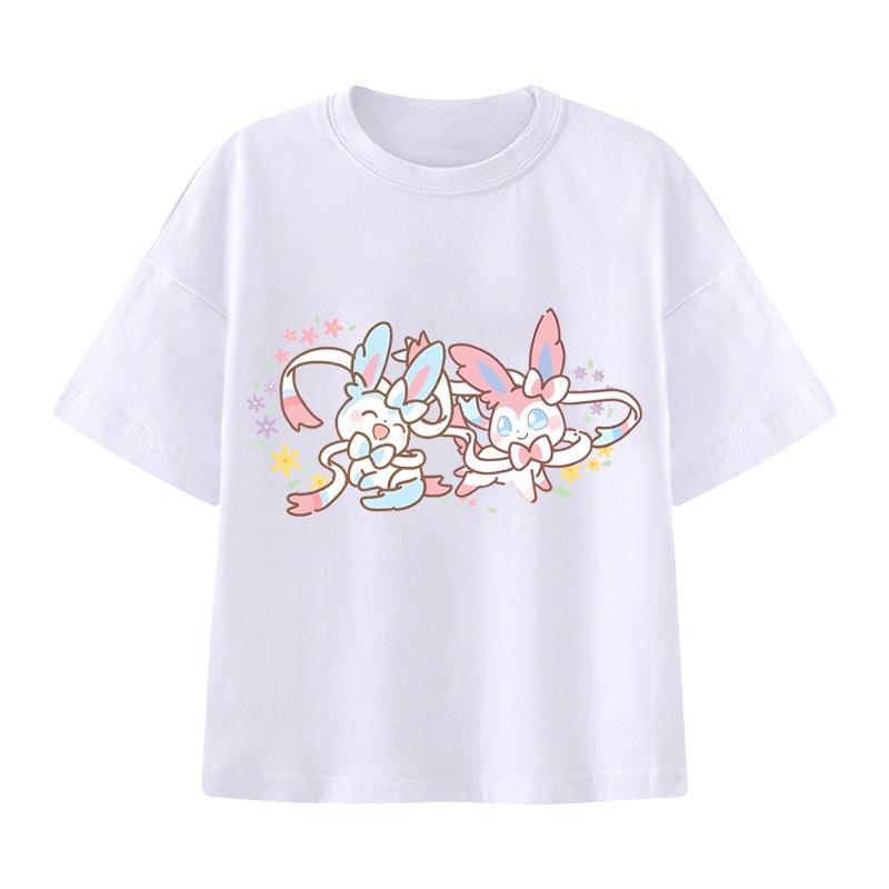 Pokémon Handheld-Spiel Evoli Cartoon-Print T-Shirt Sommer Herren und Damen Übergröße Trend Locker Lässig Kurzarm-Top