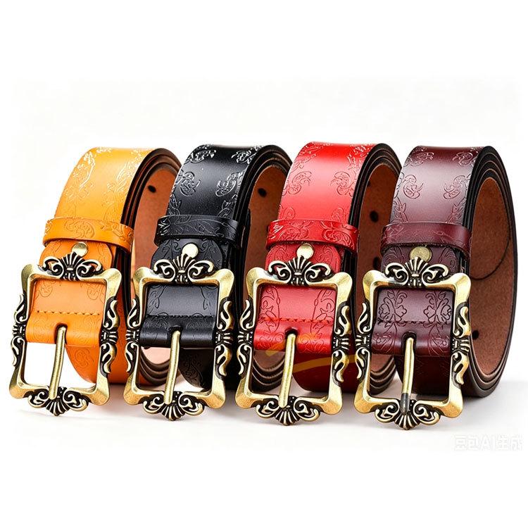 Luxury Retro Palace Style Women's Leather Belt with Butterfly Embossed Carved Buckle