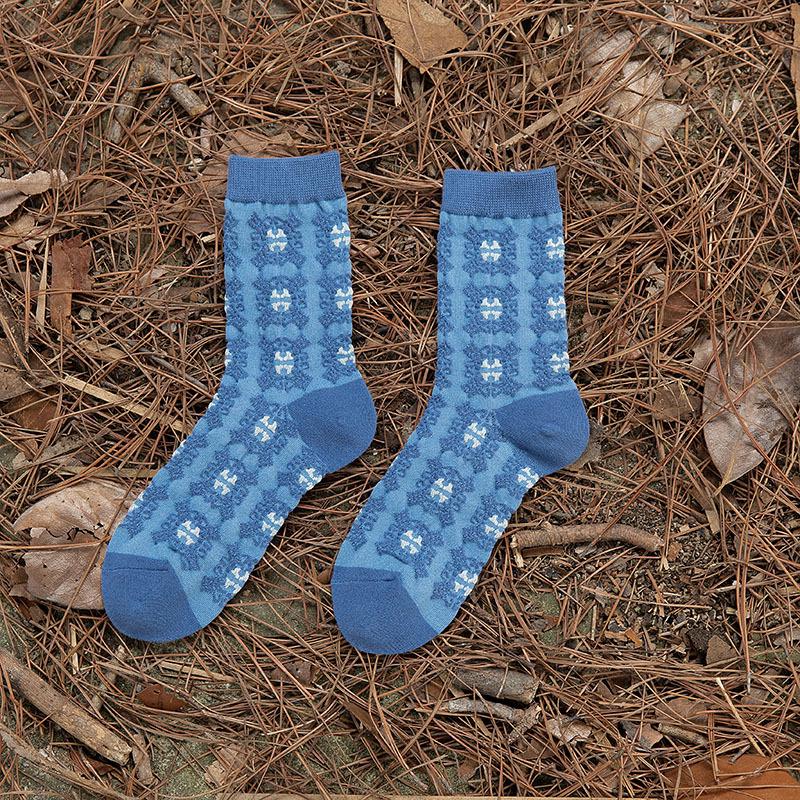 Women s Retro Blue Ethnic Style Mid-Calf Cotton Socks - Korean Fashion Artistic Design One Size