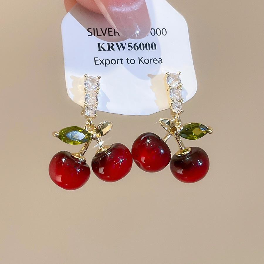 

Lovely Shiny CZ Cubic Zirconia Red Resin Cherry Drop Dangle Earrings For Women Real Gold Plated Copper Casual Jewelry
