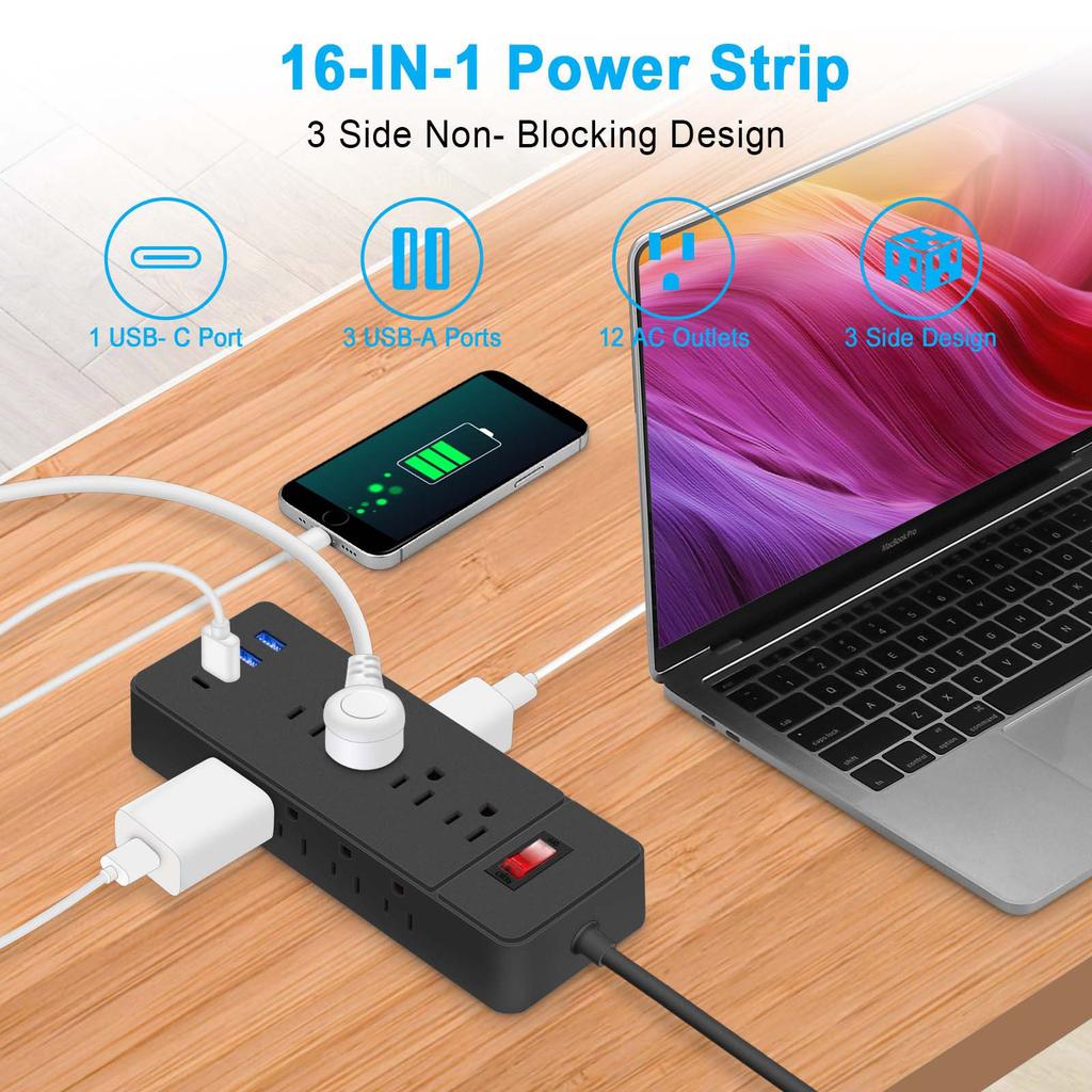 3 Side Designs Wall Mountable Power Strips Surge Protectors 12Outlets USB Port Low Profile Plugs Perfect for Home Office