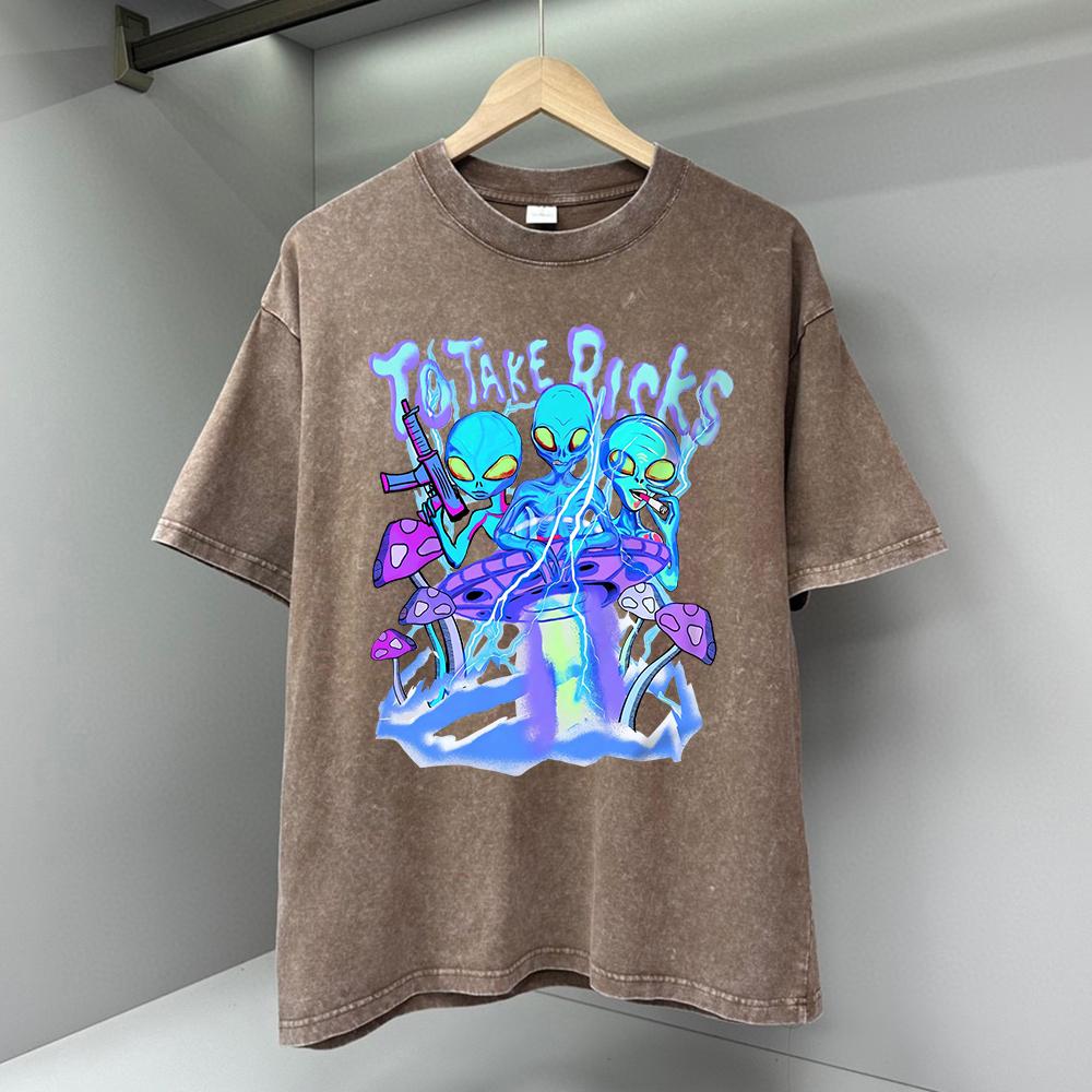 To Take Risks Funny Alien Ufo Letter Graphic Men Tops Fashion T Shirt Cotton Loose T-Shirt Casual O-Neck Clothes