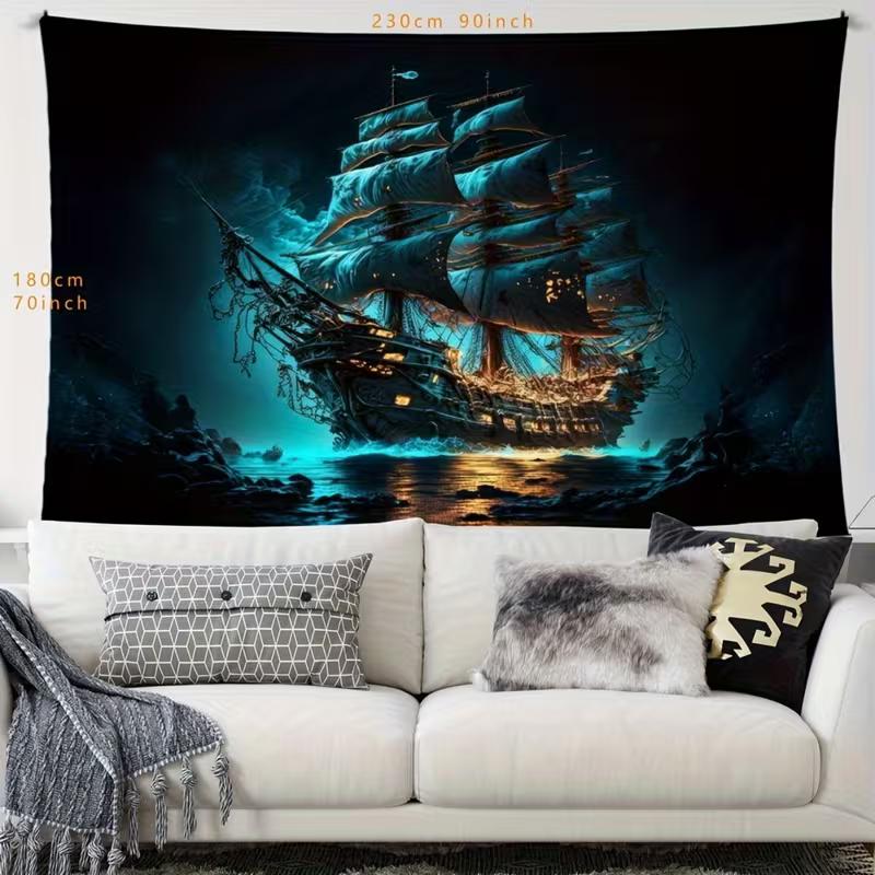2D Nautical Gothic Tapestry, Haunted Pirate Ship for Room & Party Decor