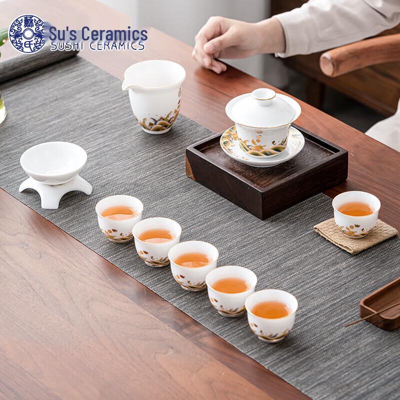 Chinese Ceramic Gaiwan Tea Set with Wave Design