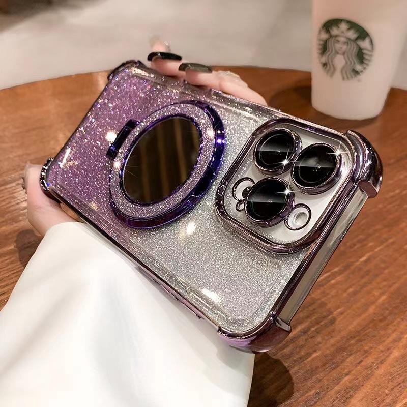 Glitter Makeup Mirror Magnetic Suction Bracket Suitable for Apple 16 Mobile Phone Case IPhone 14 Four-corner Electroplating Lens Film Hard Case