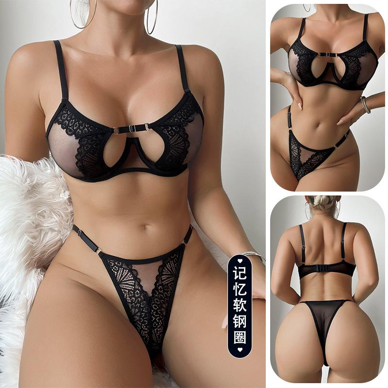 Soft Steel Ring Lace See Through Hollow Underwear Two-piece Set Gathered Bra Thong Women's Sexy Underwear