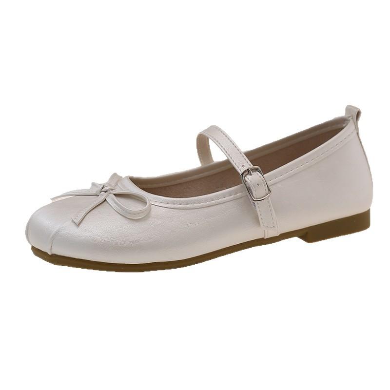 French silver flat ballet single shoes women 2025 new temperament bow fairy wind word belt Mary Jane shoes