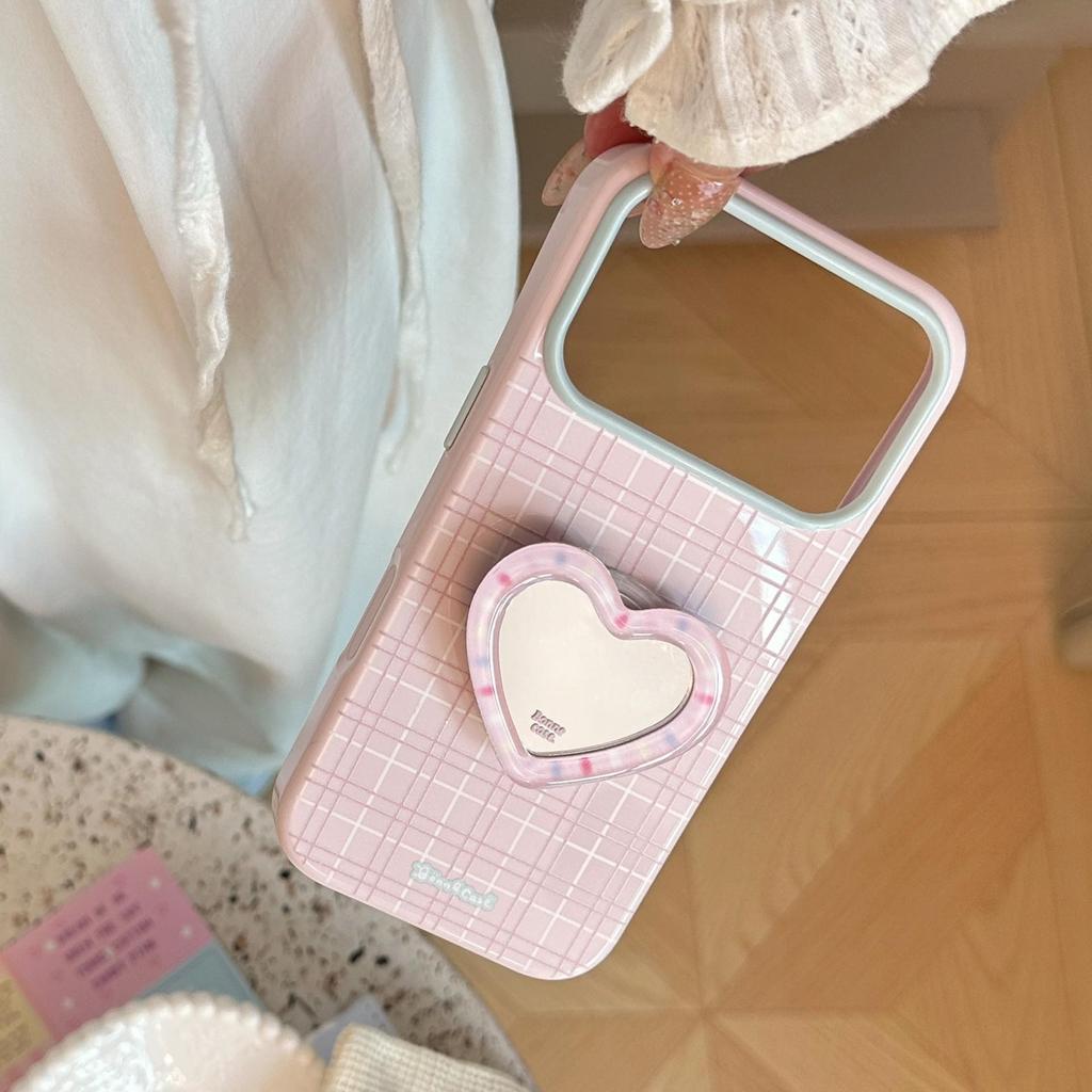 Pink Heart-Shaped Mirrored Stand Phone Case for iPhone 16, iPhone 17, and iPhone 17 Pro Max