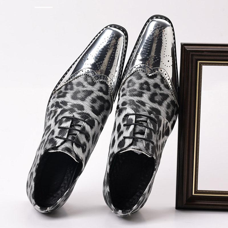 Designer Brand New Men's gold silver Pointed Lace Up Leopard Patent Leather Flats Shoes Homecoming Wedding Formal Dress Footwear