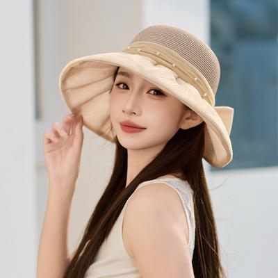 Big Eaves Sunscreen Visor Hat Women'S Summer Fashion Bow Straw Hat High-End Travel Sun Hat