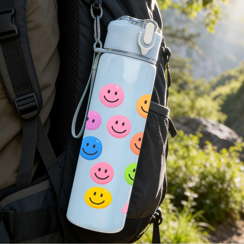 1PC Multicolor Smiley Face Set 750ml Color Plastic Sports Water Bottle Leakproof Flip Straw Lid Suitable for Sports Office Home Use