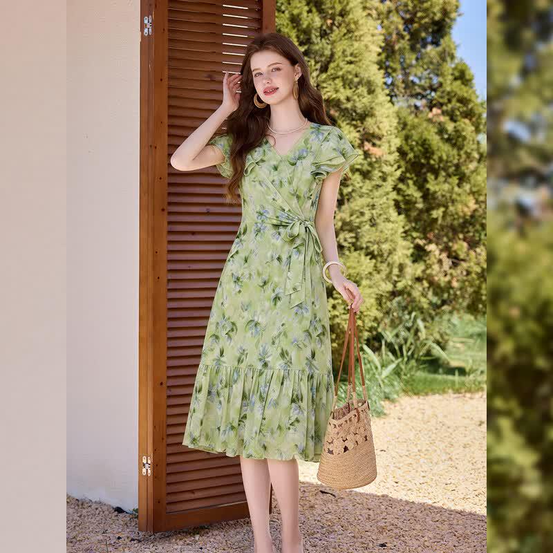 Bailuyu French Retro Floral V-Neck Ruffle Dress L