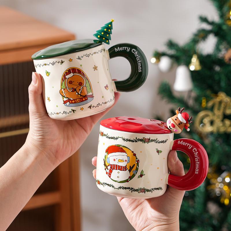 Creative Christmas Ceramic Cup With Lid Household Cute Couple Water Cup High Value Gift Souvenir