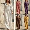 Solid Color Lace Dress Women V-Neck for Fall, 3/4 Sleeves Maxi with Bohemian Fall Belt, Loose Casual Long Vacation Daily Wear Three Quarter Sleeve