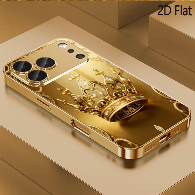 Golden Crown Patterned tempered glass design for iPhone16 17 ProMax 1514 1312 11ProMax Phone Case Camera Cover Shockproof Hard B