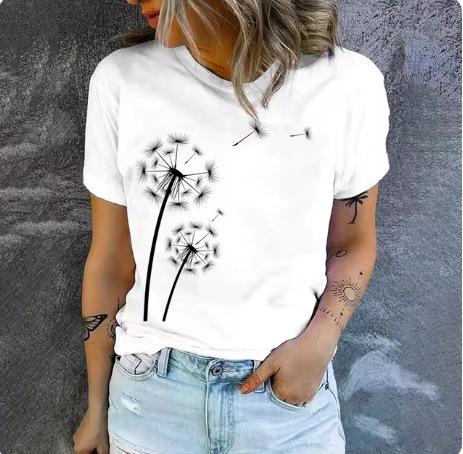 High quality loose and comfortable short-sleeved top summer trend casual women's T-shirt fashion simple dandelion print T
