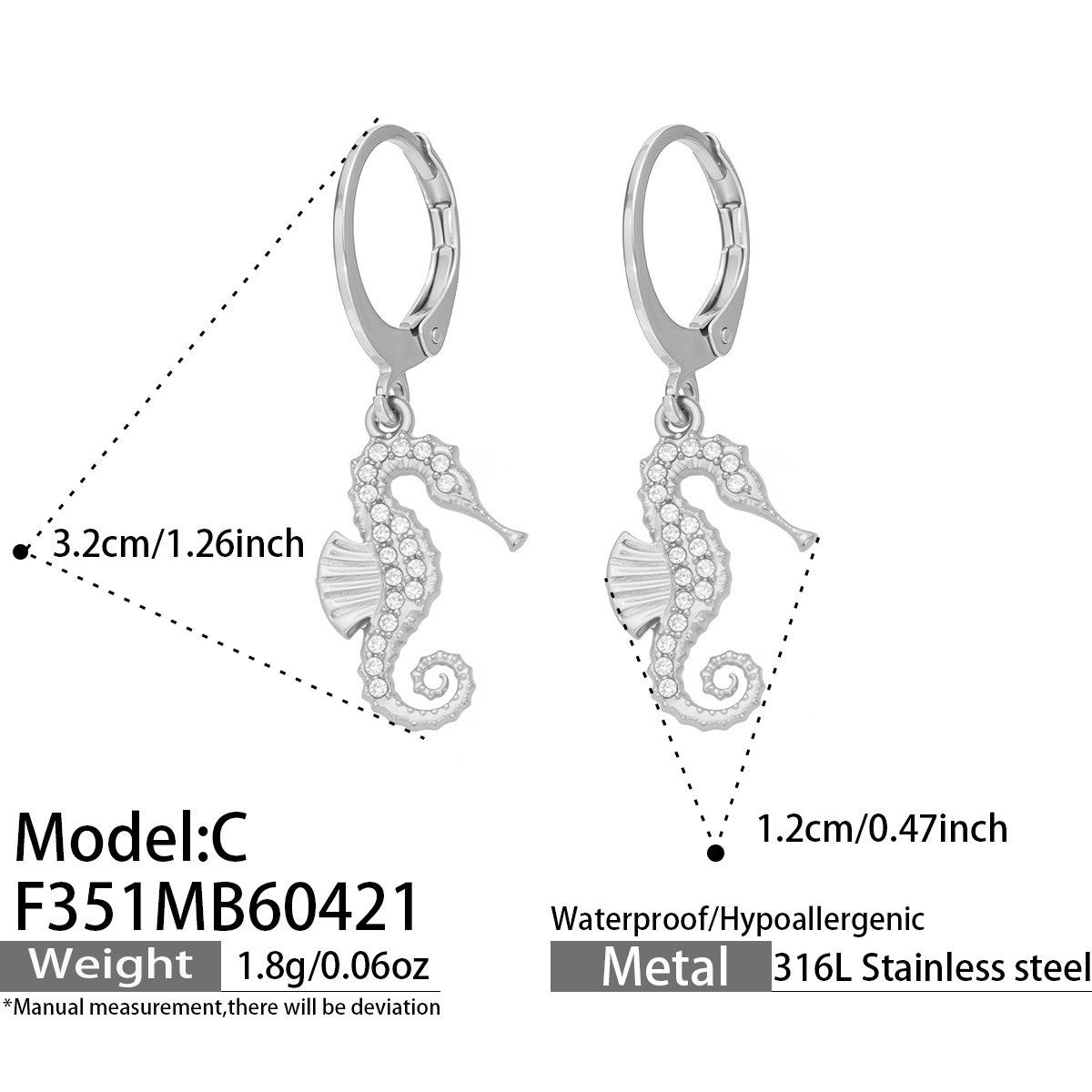 Gold-Plated Stainless Steel Seahorse Pendant Earrings with Zirconia Inlay – Ocean Style Fashion Earrings