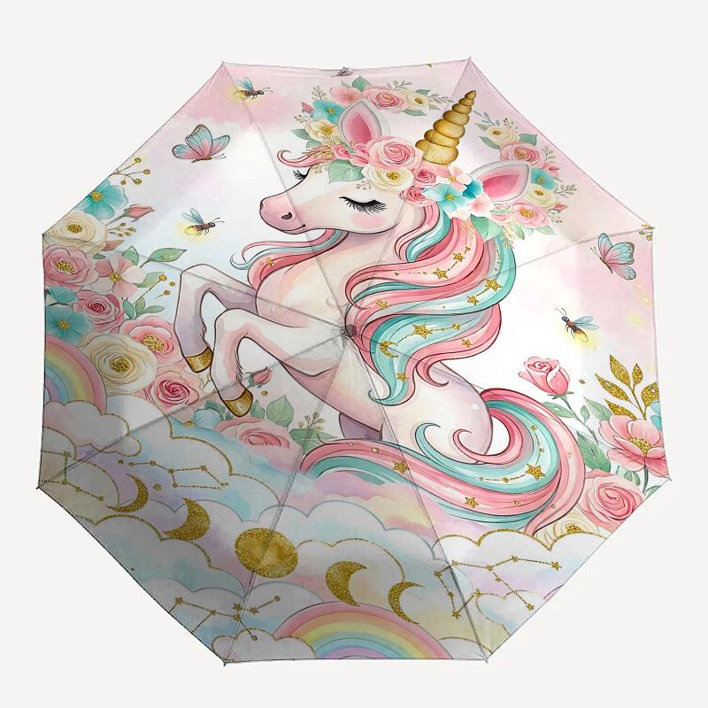 

1PC Unicorn Flowers Umbrella-8-Rib Reinforced, Automatic Open, Lightweight & Durable, Fashion Accessory for Outdoor, Beach L0381