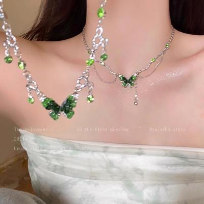 Sweet and Cool Wind Green Gradual Change Butterfly Zircon Fringed Necklace Female Atmosphere New Niche Temperament Collarbone Chain Accessories
